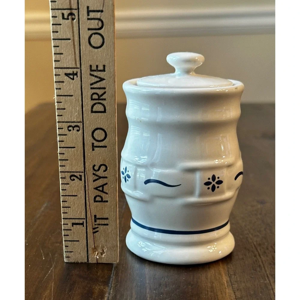 Longaberger Pottery Wov. Traditions Ivory Blue Spice Jar Canister with Lid 4.5in
